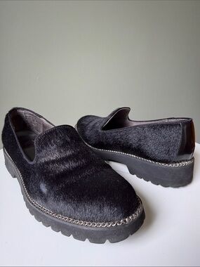 Kanna Haircalf Loafers Size 39 Black Pony Hair Chain Detail Slip-On Spain Flaw